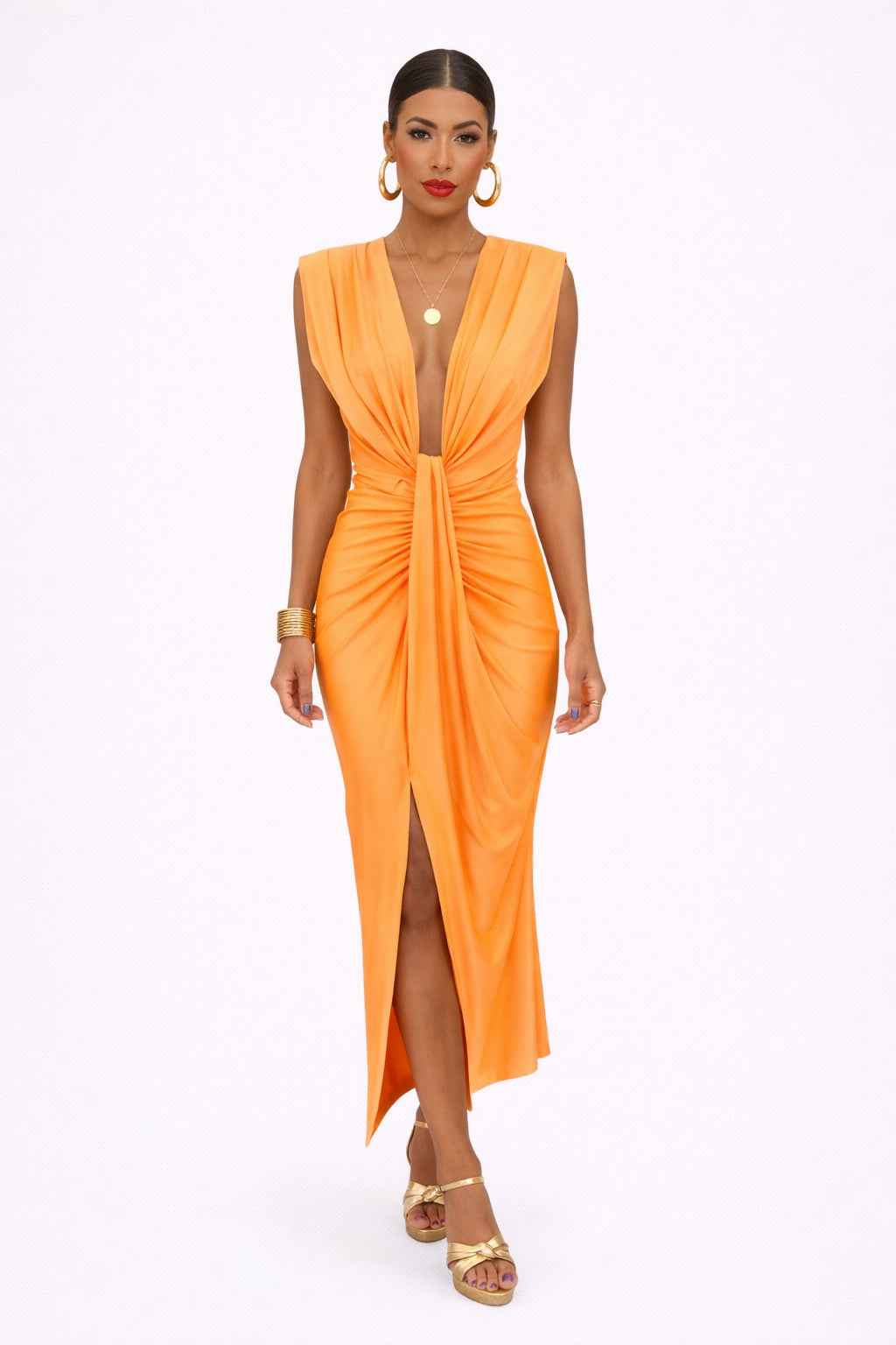 Vestido midi elegante para mujer con plisado y escote en pico – MAELYS