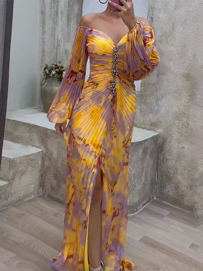 Vestido largo elegante con mangas abullonadas y escote en V – LYRA