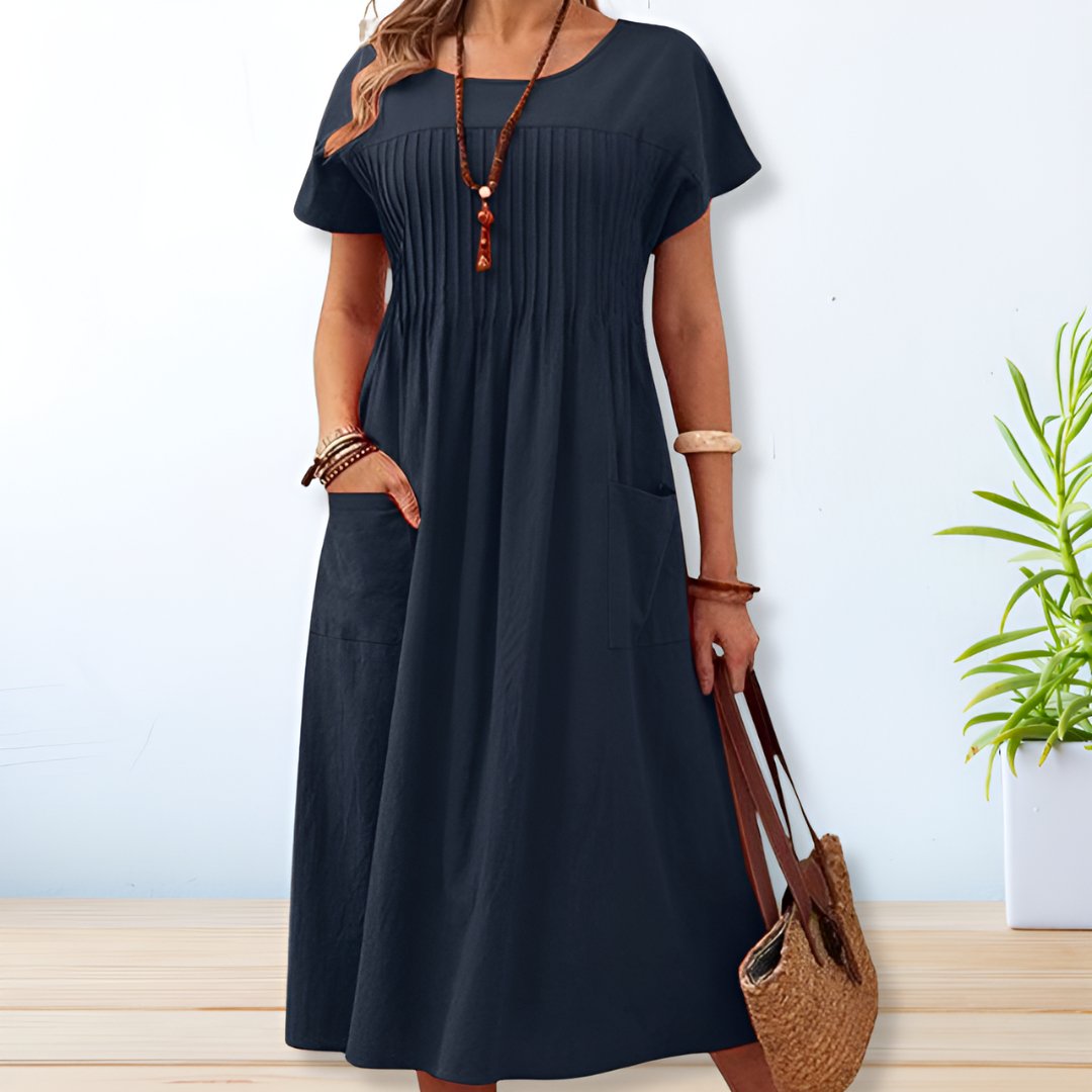 Vestido largo de verano con pliegues y mangas cortas para mujer – MAIA