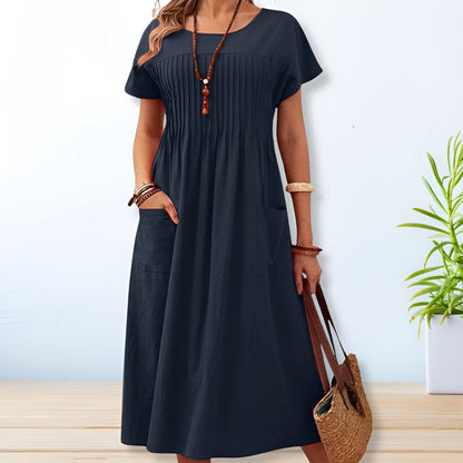 Vestido largo de verano con pliegues y mangas cortas para mujer – MAIA