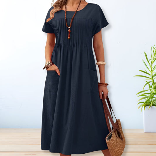 Vestido largo de verano con pliegues y mangas cortas para mujer – MAIA