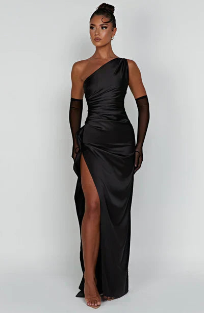 Celestia – Vestido largo de gala de satén con un hombro y abertura alta para mujer