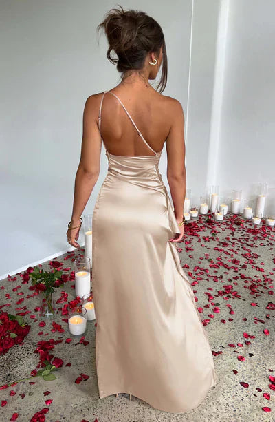Celestia – Vestido largo de gala de satén con un hombro y abertura alta para mujer