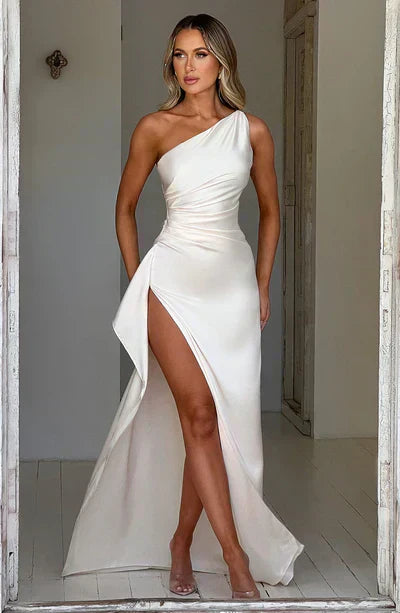 Celestia – Vestido largo de gala de satén con un hombro y abertura alta para mujer