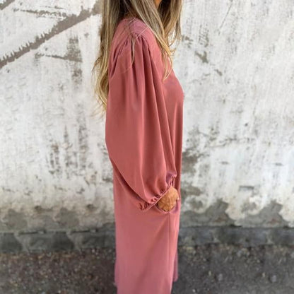 Vestido largo fluido con escote en V y mangas abullonadas – ODESSA