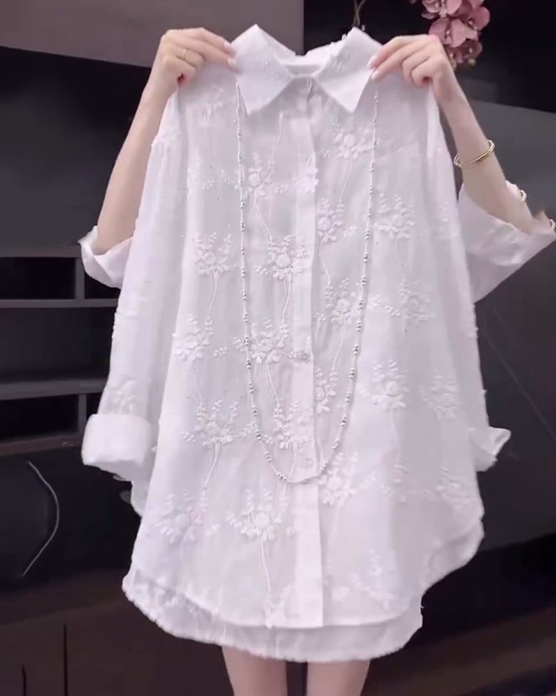 Elina – Camisa de color sólido con hombros caídos y bordado para mujer
