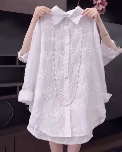 Elina – Camisa de color sólido con hombros caídos y bordado para mujer