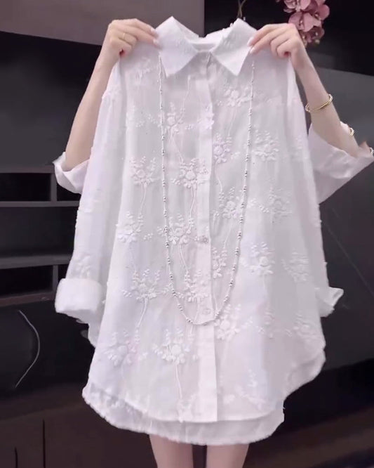 Elina – Camisa de color sólido con hombros caídos y bordado para mujer
