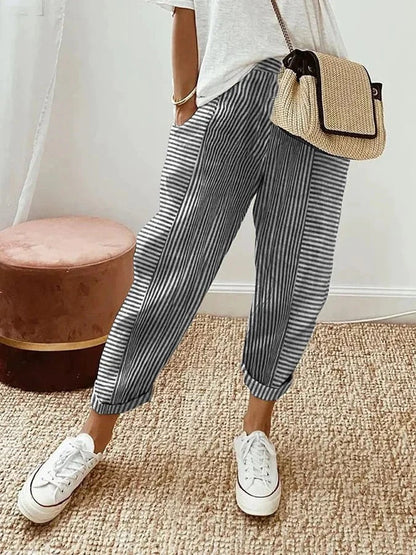 Pantalón fluido de lino con rayas y cintura ajustable – DALIA