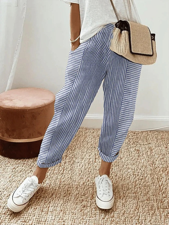 Pantalón fluido de lino con rayas y cintura ajustable – DALIA
