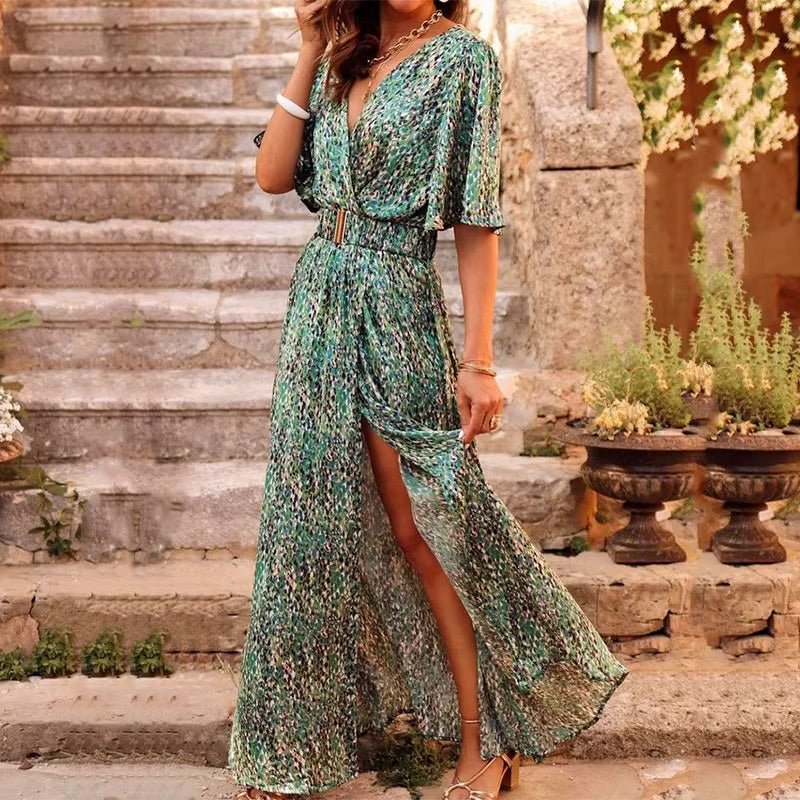 AMELIA – Vestido maxi bohemio con escote en V profundo y estilo cruzado
