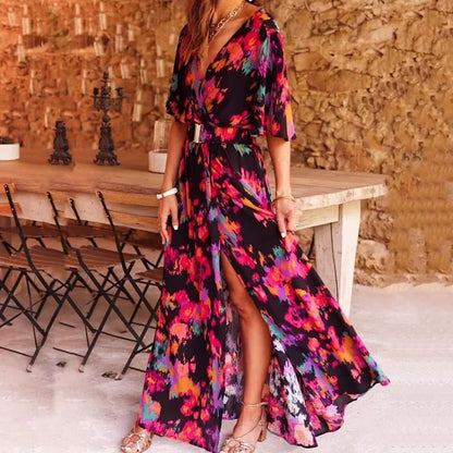 AMELIA – Vestido maxi bohemio con escote en V profundo y estilo cruzado