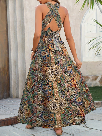 ALMA – Vestido maxi bohemio con cuello halter, parte cruzada y abertura lateral