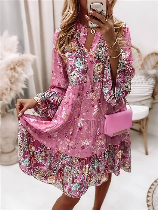 ROSALÍA – Vestido midi bohemio con estampado floral, escote en V y mangas largas