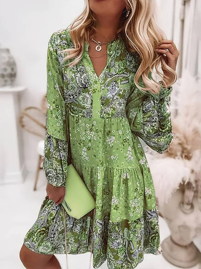 ROSALÍA – Vestido midi bohemio con estampado floral, escote en V y mangas largas