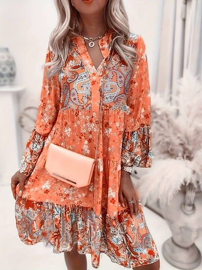 ROSALÍA – Vestido midi bohemio con estampado floral, escote en V y mangas largas