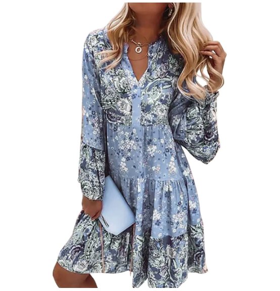 ROSALÍA – Vestido midi bohemio con estampado floral, escote en V y mangas largas