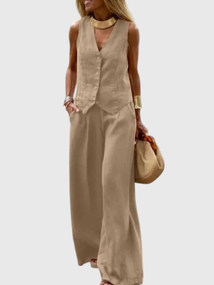 Amara – Conjunto elegante de dos piezas con pantalón fluido y chaleco estructurado para mujer