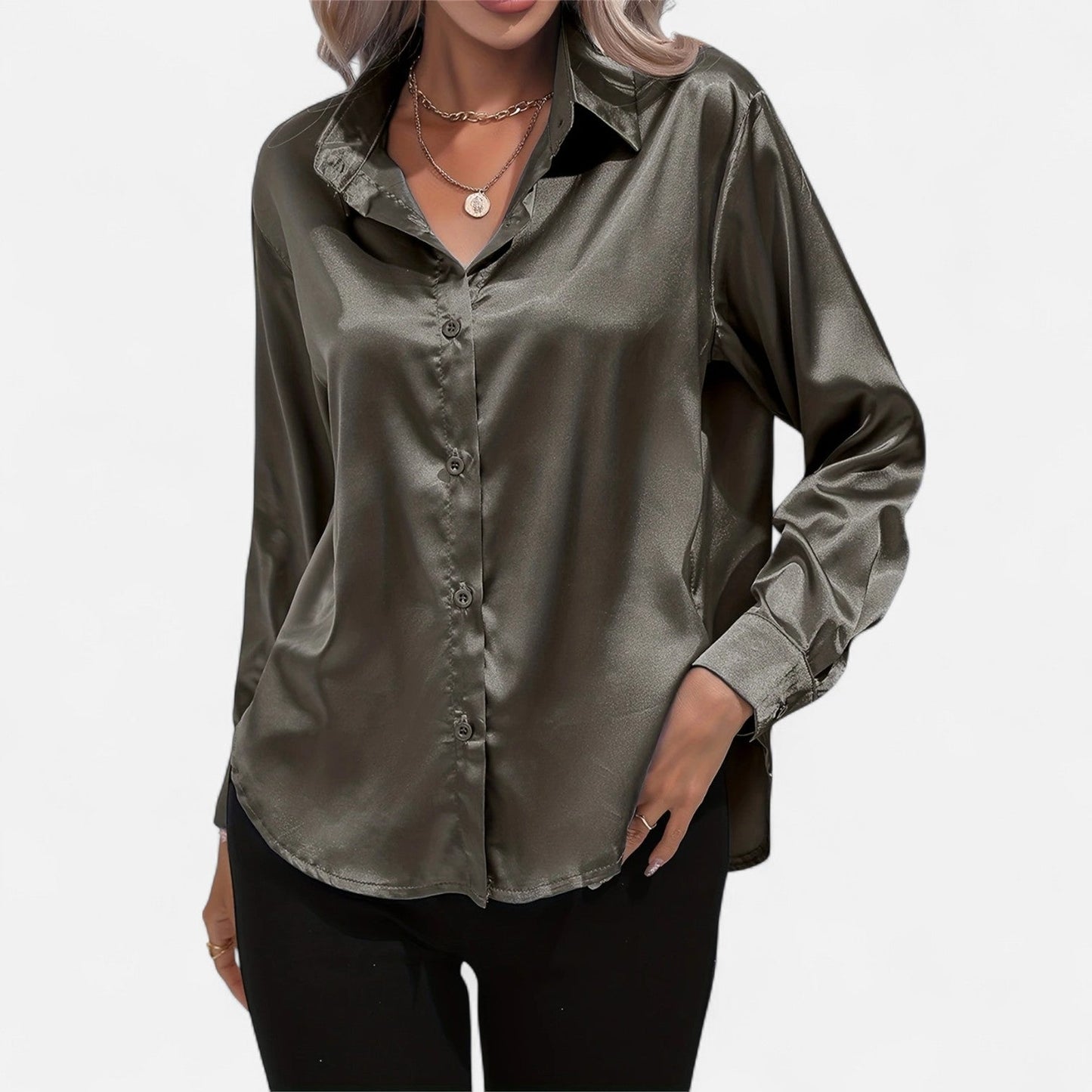 Dorevelle – Camisa satén para mujer con cuello clásico