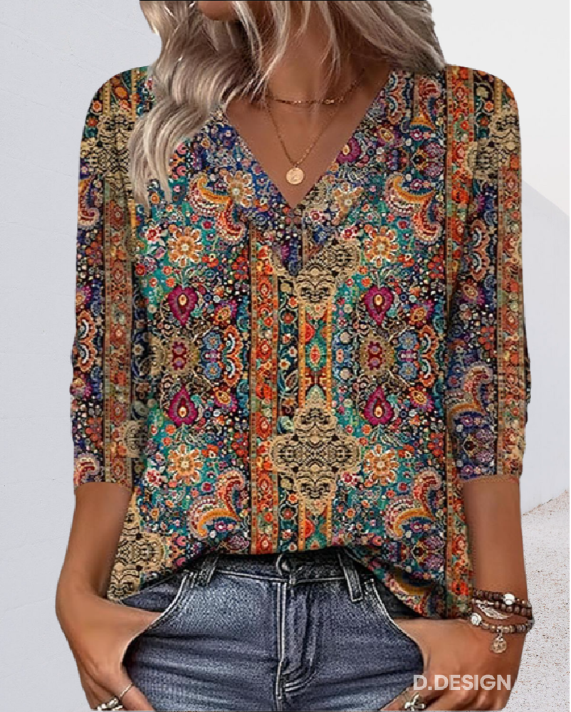 Marina – Blusa retro con estampado y escote en V para mujer