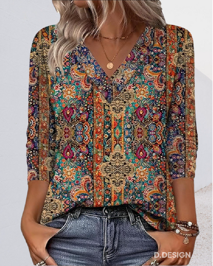 Marina – Blusa retro con estampado y escote en V para mujer
