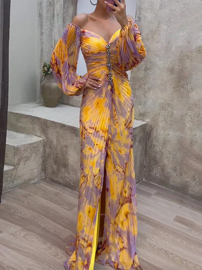 Vestido largo elegante con mangas abullonadas y escote en V – LYRA