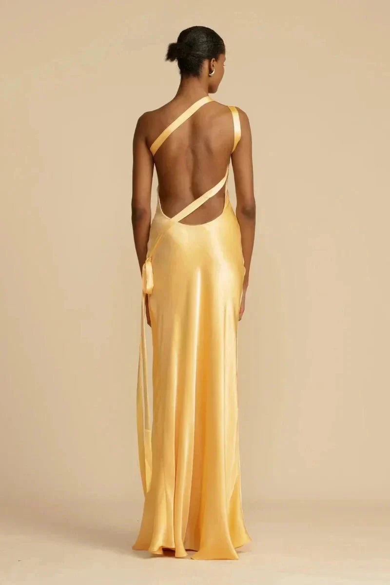 INDIRA – Vestido de noche satinado para mujer con diseño de un solo hombro