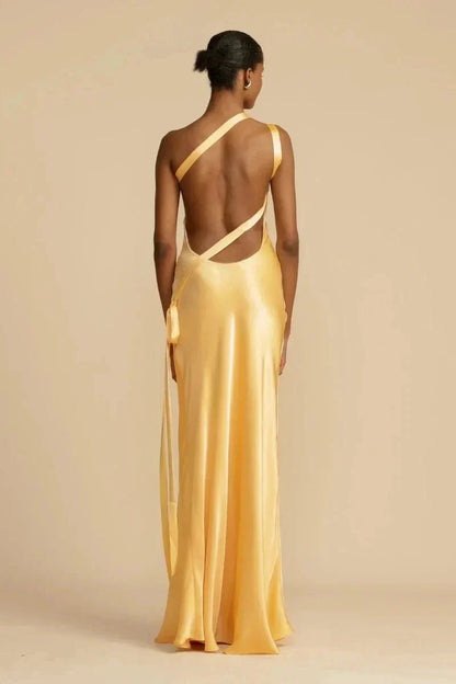 INDIRA – Vestido de noche satinado para mujer con diseño de un solo hombro