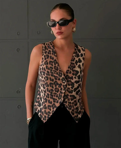 Chaleco entallado con escote en V y estampado animal para mujer – DARIA