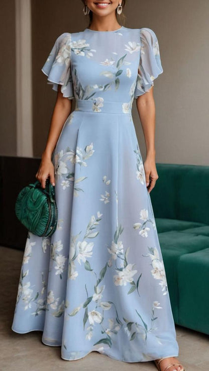 Florencia – Vestido maxi floral con mangas cortas de volantes y línea A para mujer