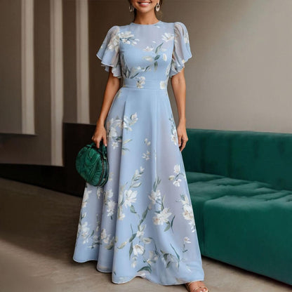 Florencia – Vestido maxi floral con mangas cortas de volantes y línea A para mujer