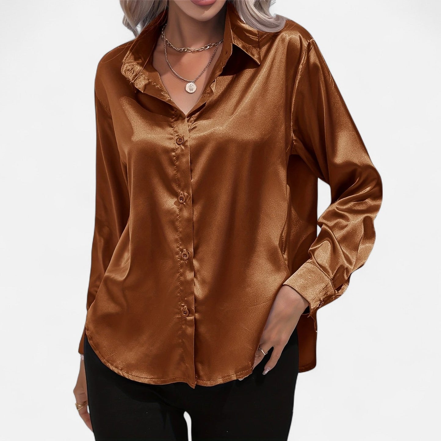 Dorevelle – Camisa satén para mujer con cuello clásico