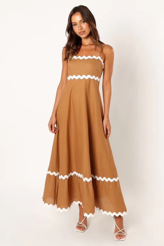 Mar - Vestido Largo de Tirantes Con Diseño de Ondas Color Combinado Playa Primavera Verano Para Mujer Cafe