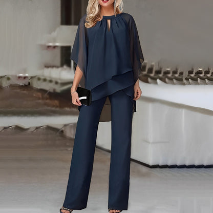 Celestina – Conjunto elegante de dos piezas con top capa fluido y pantalones de pierna ancha para mujer