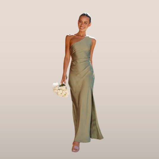 Celestia – Vestido de gala de satén con un hombro y abertura lateral para mujer