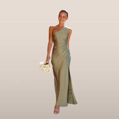 Celestia – Vestido de gala de satén con un hombro y abertura lateral para mujer