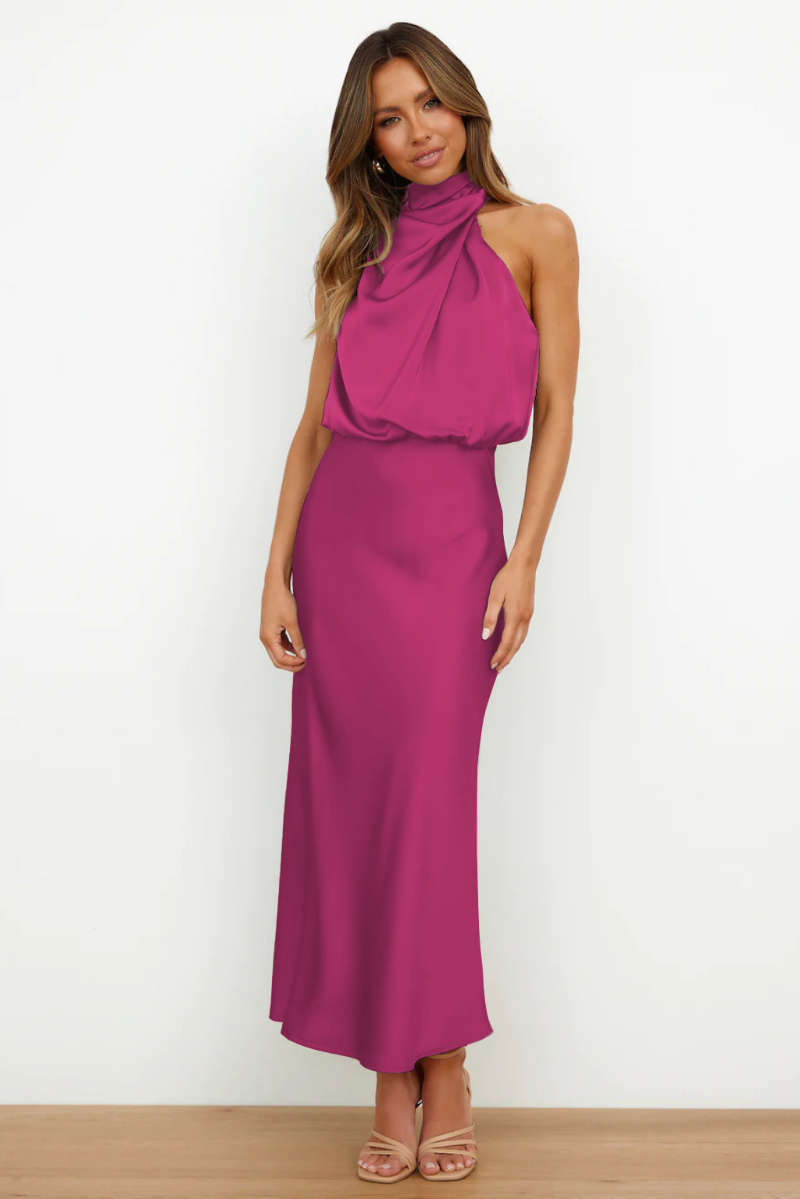 FIONA – Vestido de noche elegante para mujer con hombros descubiertos y cuello alto