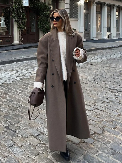 Abrigo largo de mujer en lana estilo oversize con doble botonadura – MAELYS