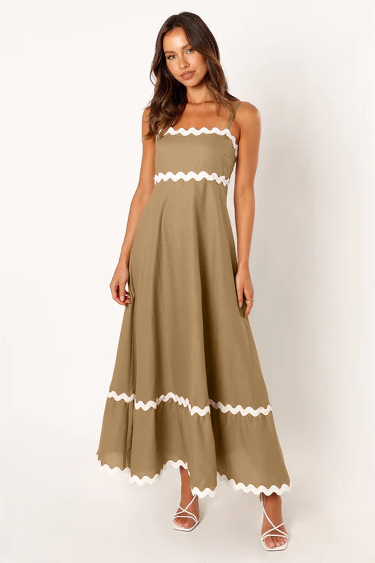 Mar - Vestido Largo de Tirantes Con Diseño de Ondas Color Combinado Playa Primavera Verano Para Mujer Caqui