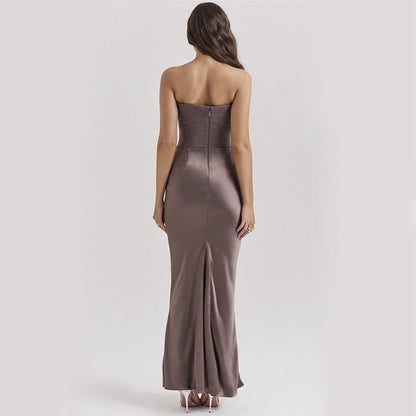 Serenata – Vestido maxi bodycon sin tirantes con fruncido para mujer