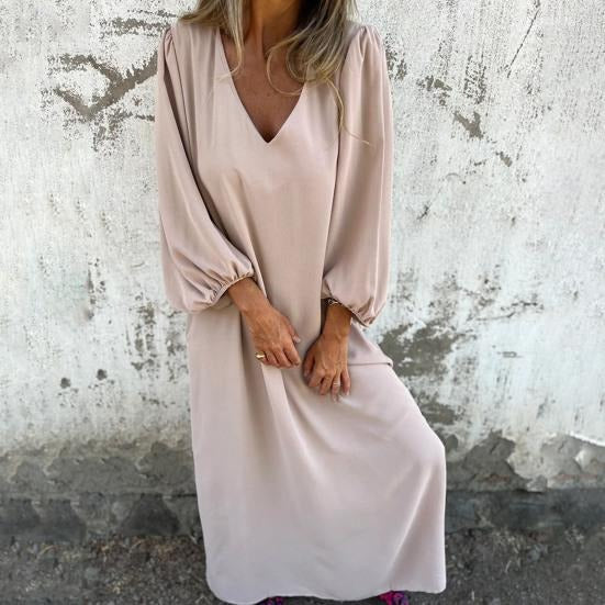 Vestido largo fluido con escote en V y mangas abullonadas – ODESSA