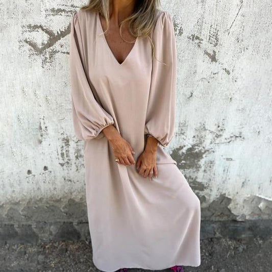 Vestido largo fluido con escote en V y mangas abullonadas – ODESSA