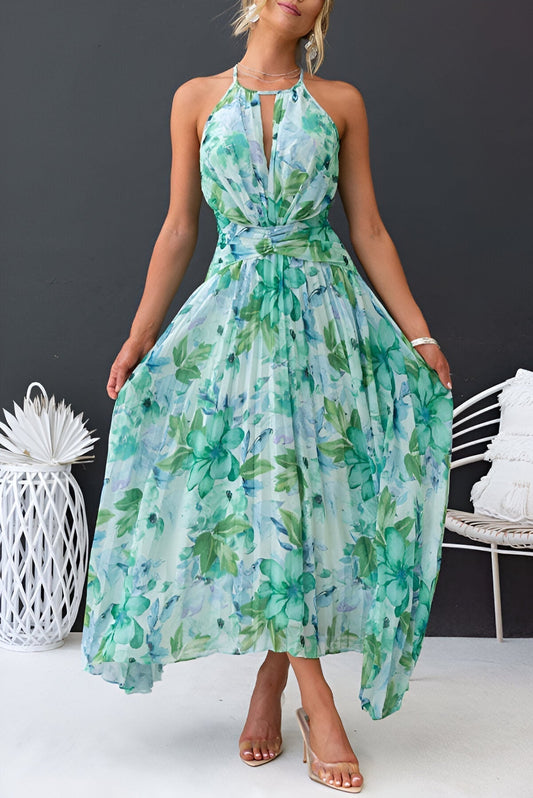 Vestido maxi halter con pliegues y estampado floral para mujer – ELARA FLORALISTA