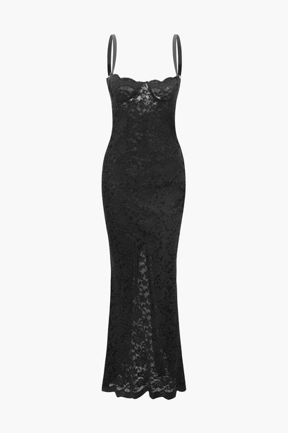 Celestina – Vestido largo de encaje con detalle semitransparente para mujer