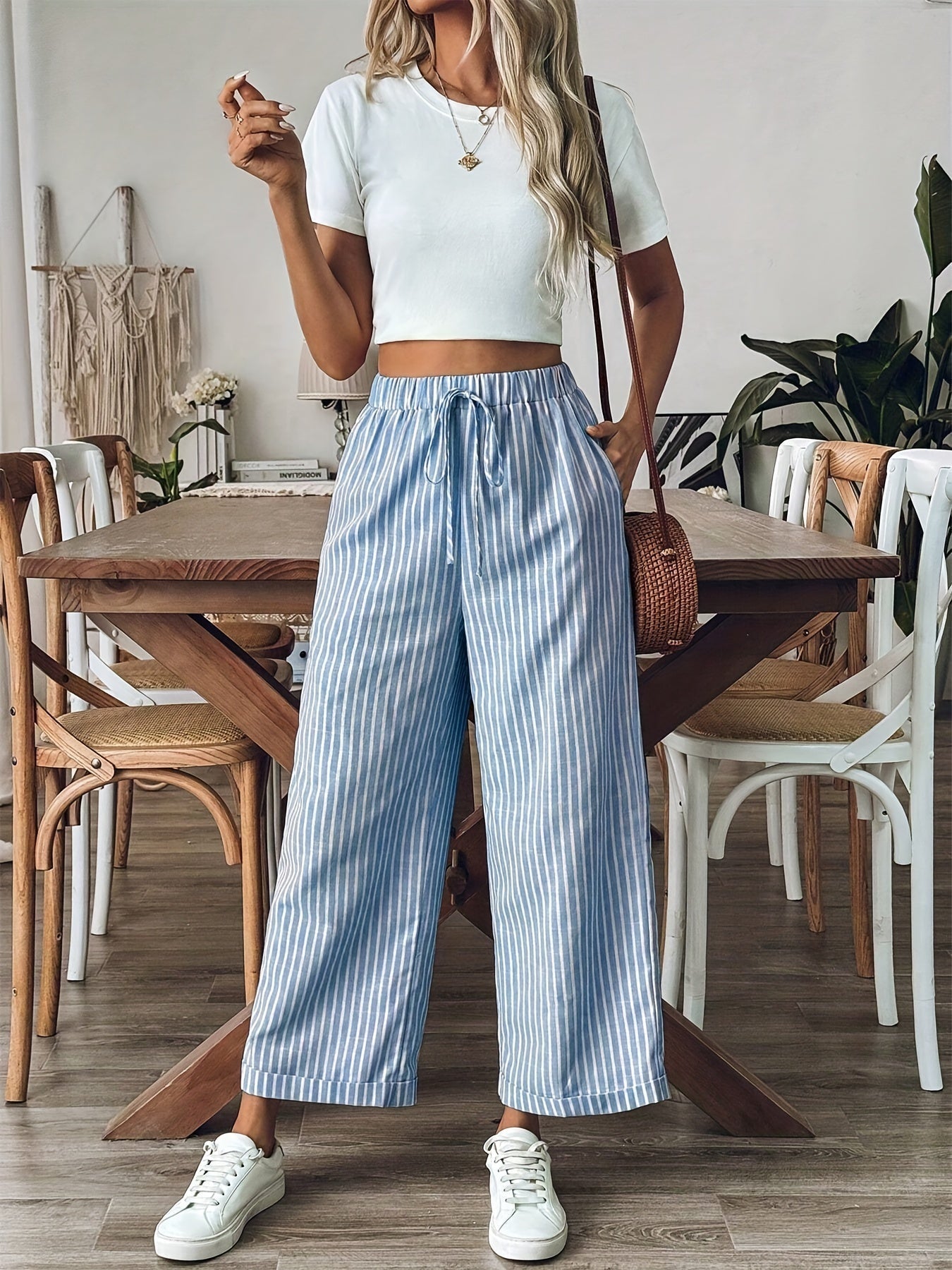 Pantalón recto de rayas con cintura elástica para mujer – LEONA