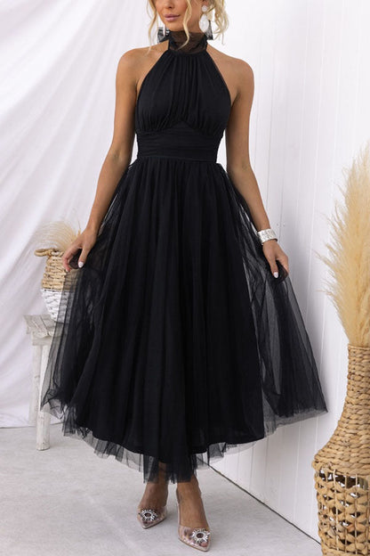 Vestido midi con escote halter y falda voluminosa – Lirenza
