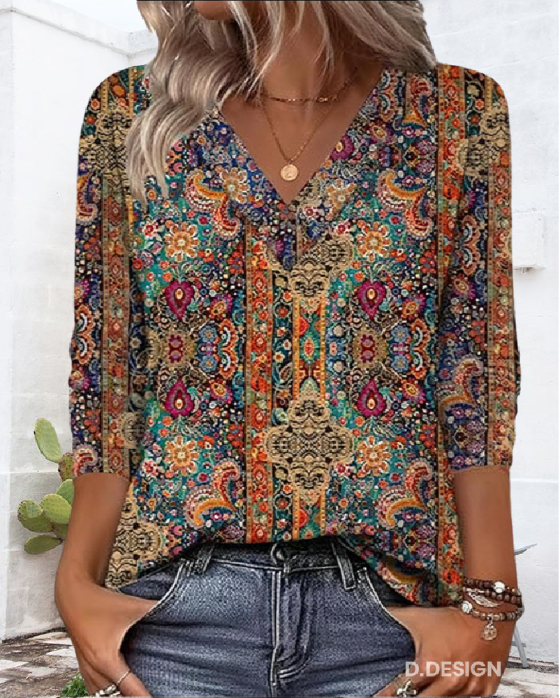 Marina – Blusa retro con estampado y escote en V para mujer