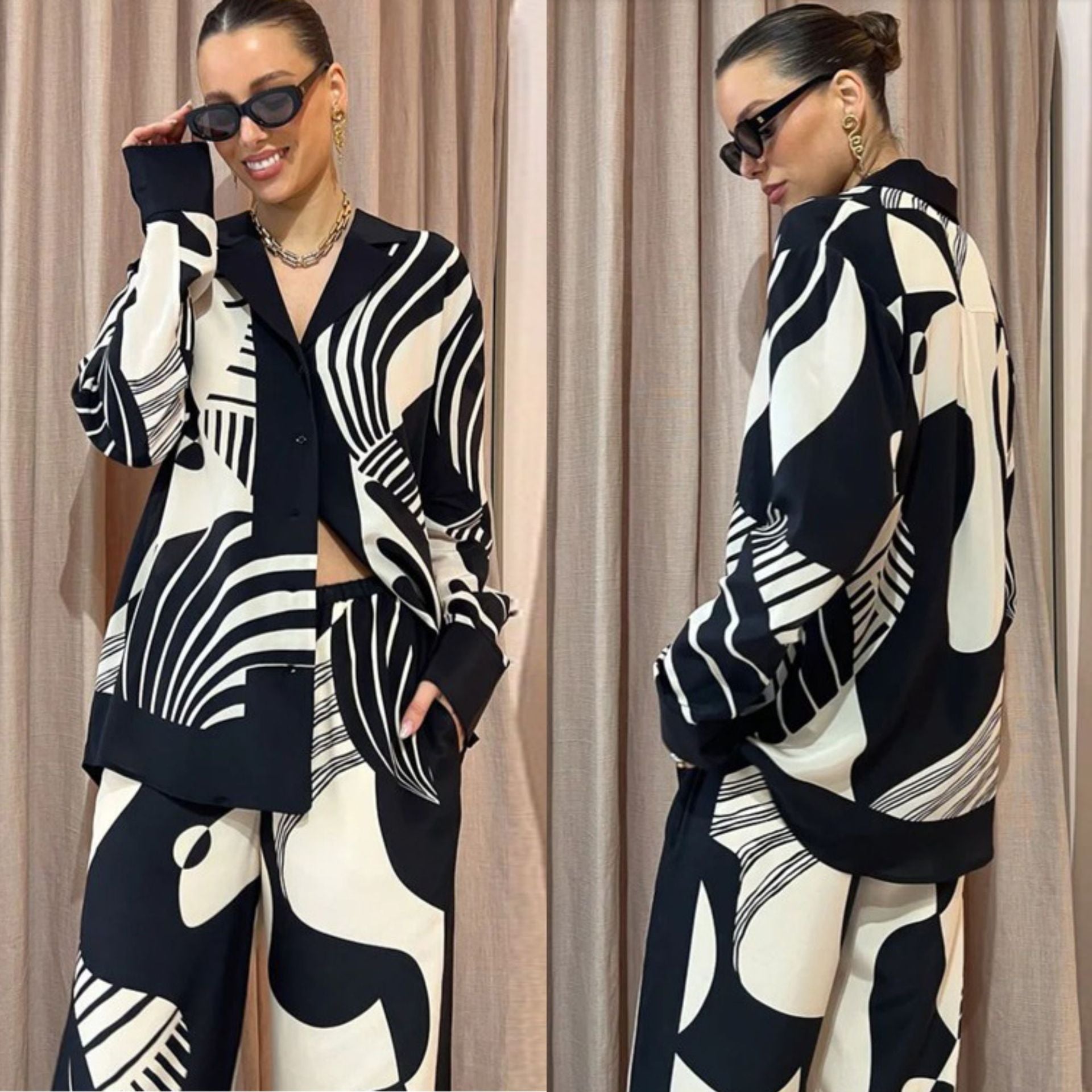 Tabita - Conjunto de Dos Piezas Camisa Manga Larga Con Botones y Pantalón Pierna Ancha Primavera Vernano Con Estampado Primavera Verano Para Mujer
