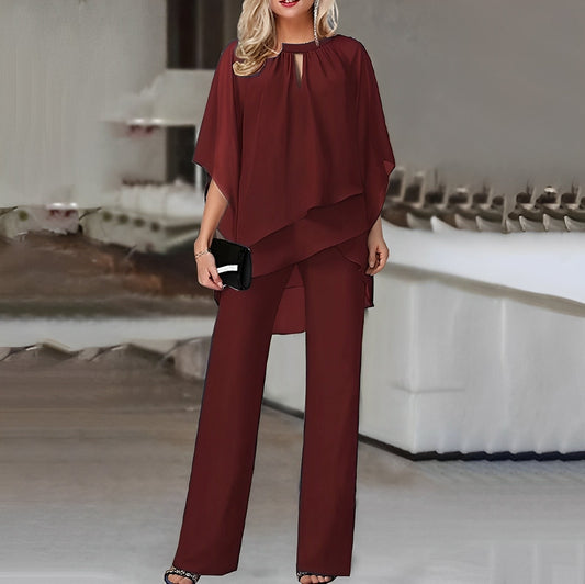 Celestina – Conjunto elegante de dos piezas con top capa fluido y pantalones de pierna ancha para mujer