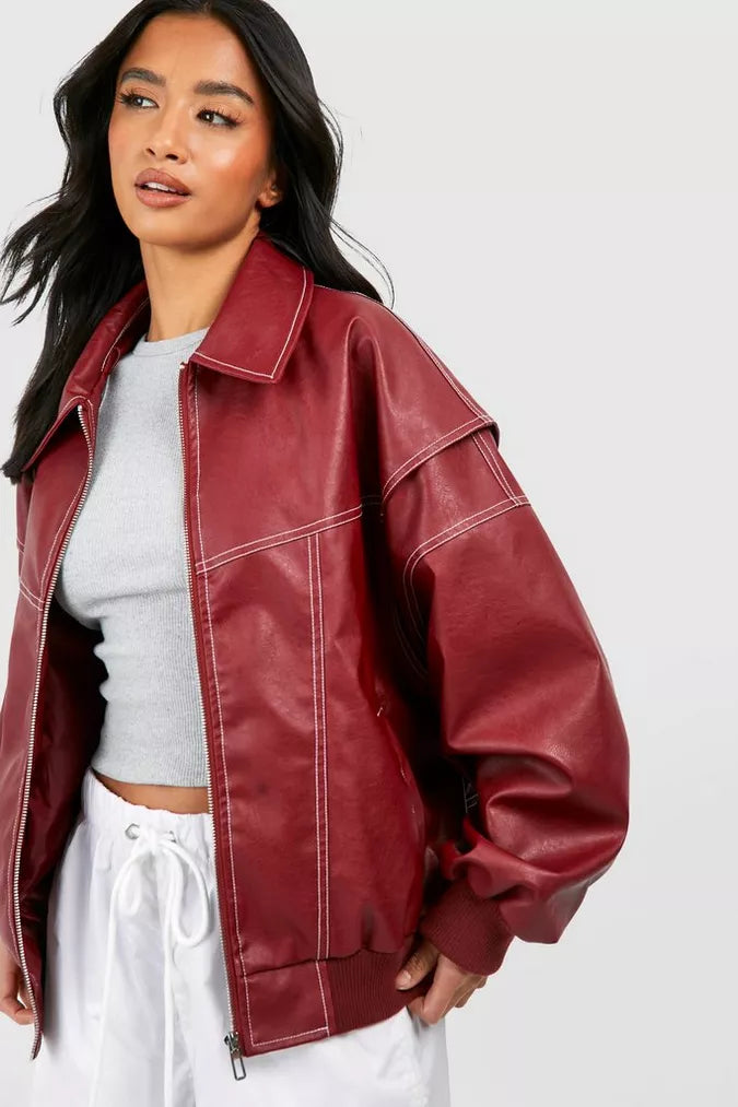 AGNERA – Chaqueta bomber oversize de efecto cuero para mujer con costuras en contraste